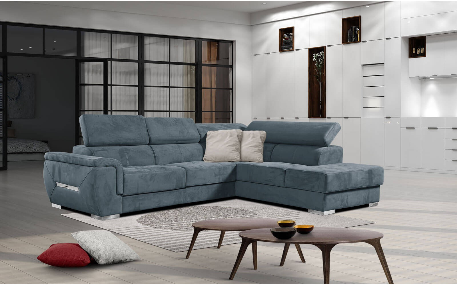 Ecksofa rechts mit verstellbaren Kopfstützen 5-Sitzer KELTE