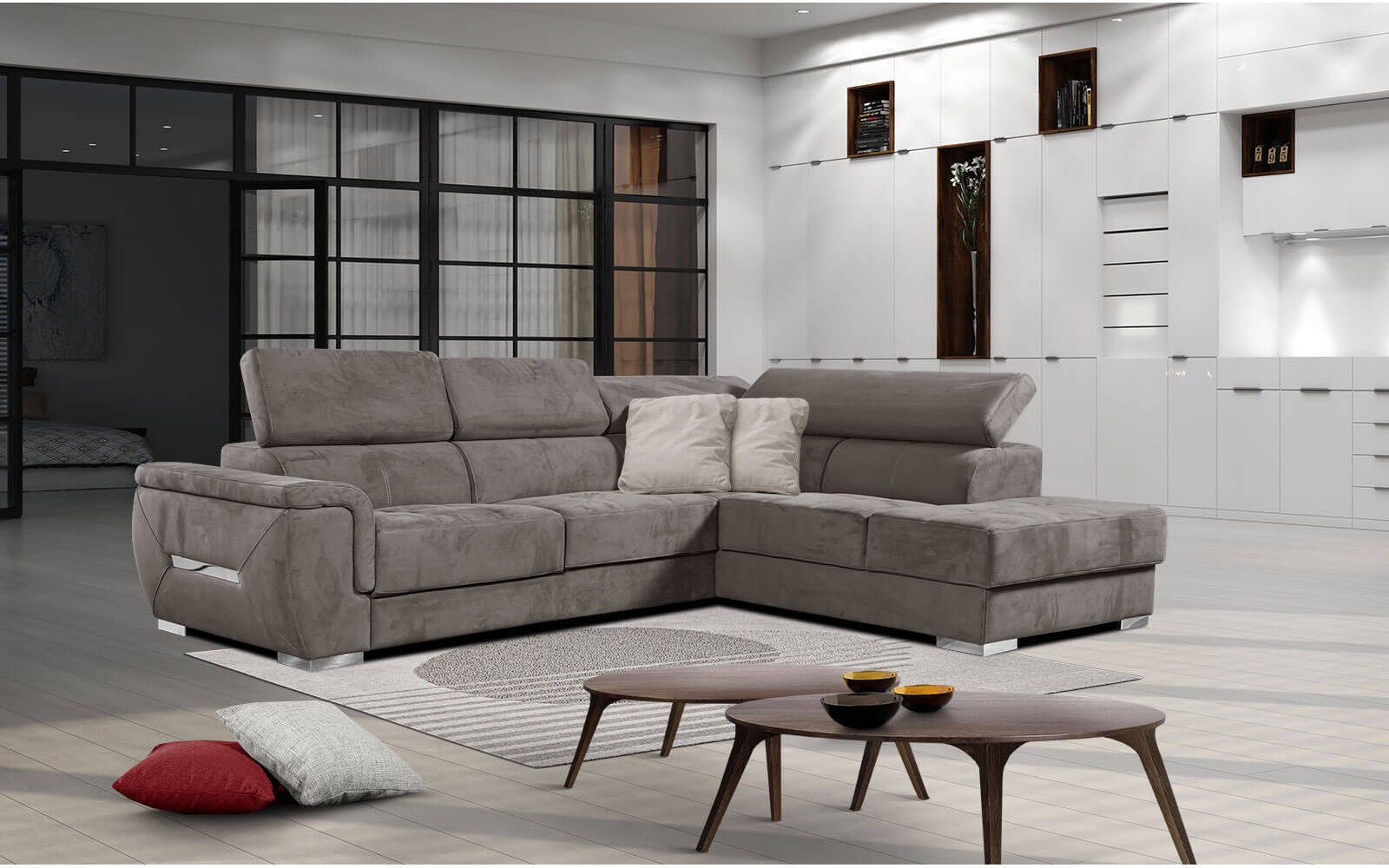 Ecksofa rechts mit verstellbaren Kopfstützen 5-Sitzer KELTE