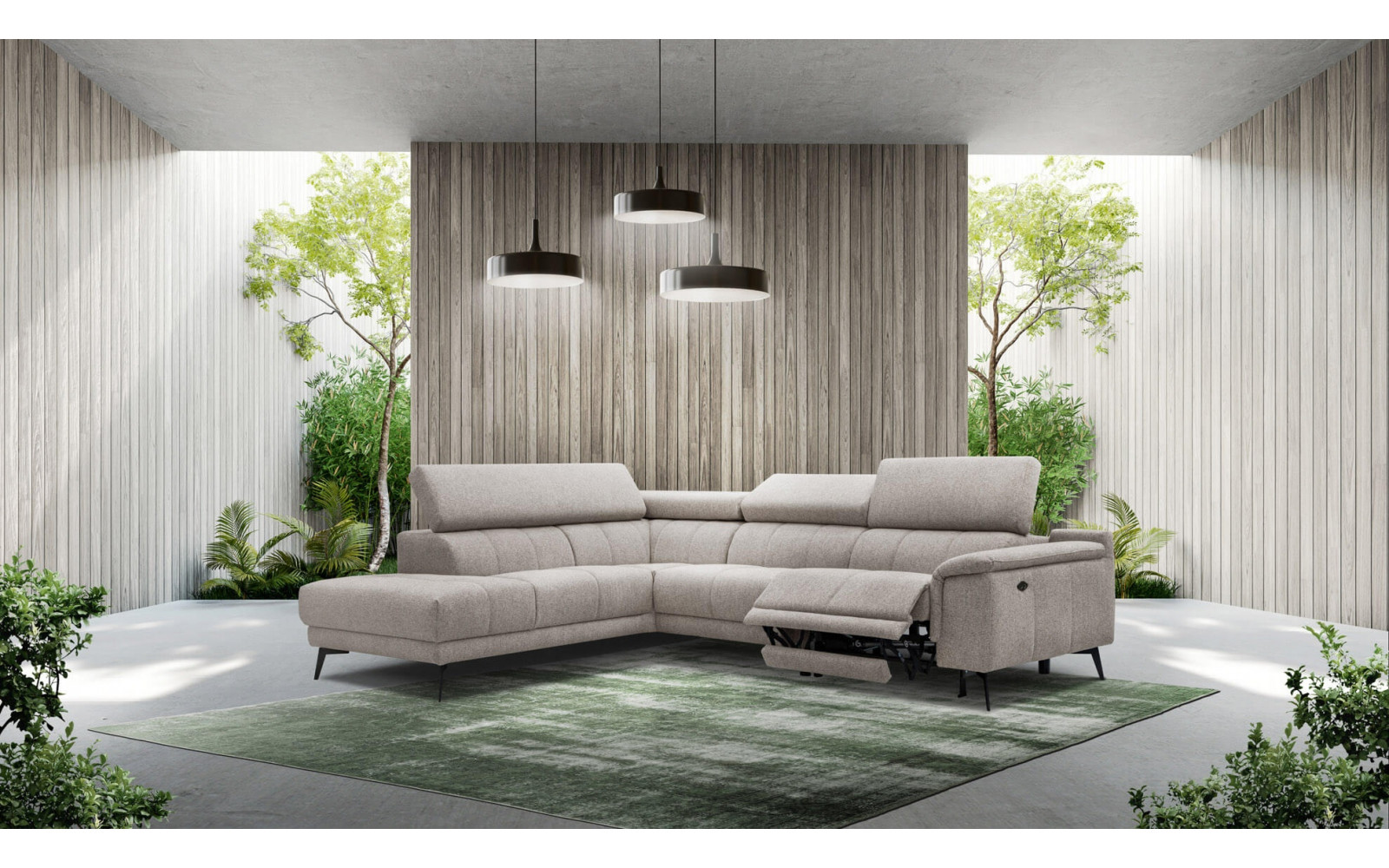 Modernes Ecksofa links mit Relaxfunktion FIERO, 5-Sitzer, in stilvollem Taupe (Arano 06), ideal für gemütliche Wohnräume.