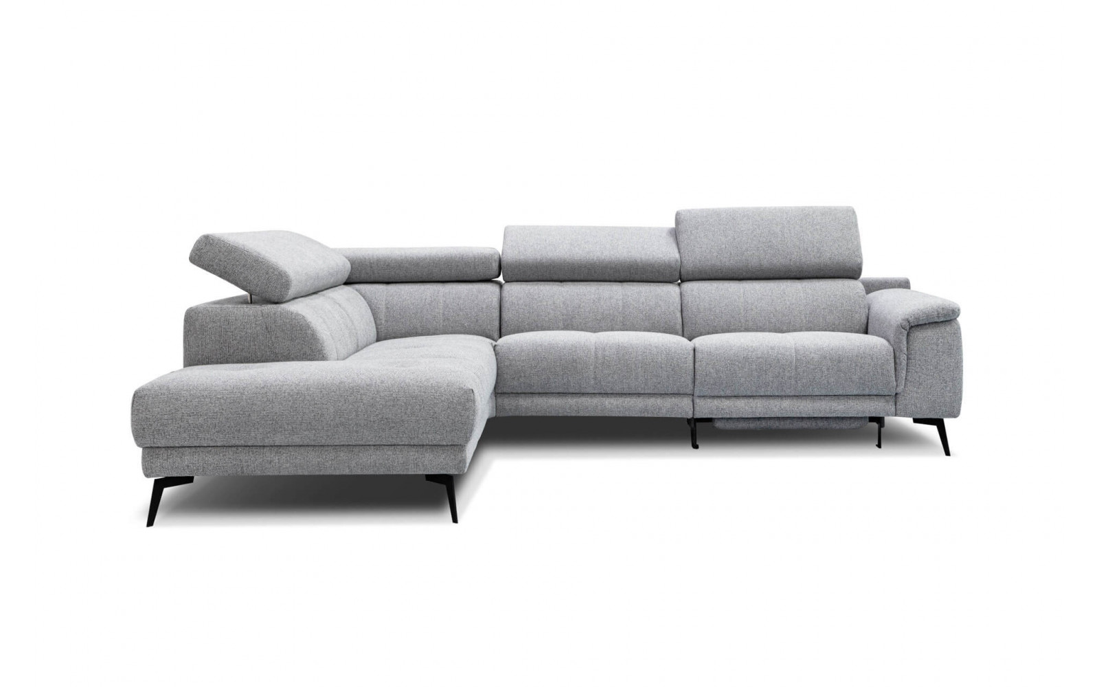 Ecksofa links mit Relaxfunktion FIERO, 5-Sitzer, in elegantem Silbergrau (Arano 09), perfekt für ein modernes Ambiente.