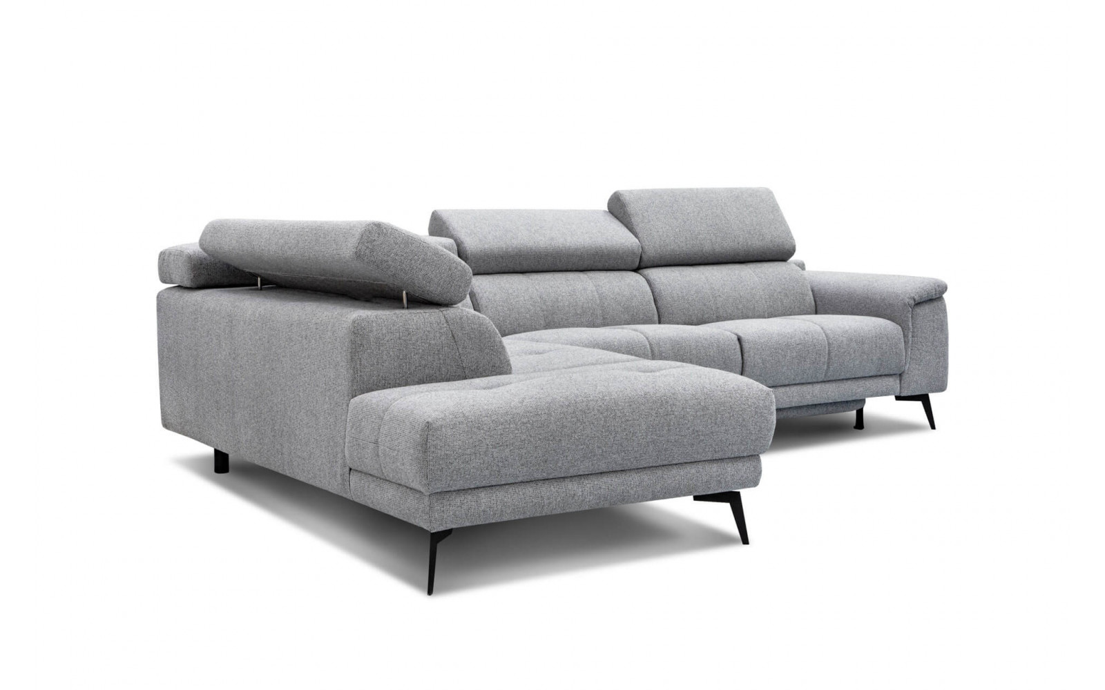 Ecksofa links mit Relaxfunktion FIERO, 5-Sitzer, in elegantem Silbergrau (Arano 09), perfekt für ein modernes Ambiente.