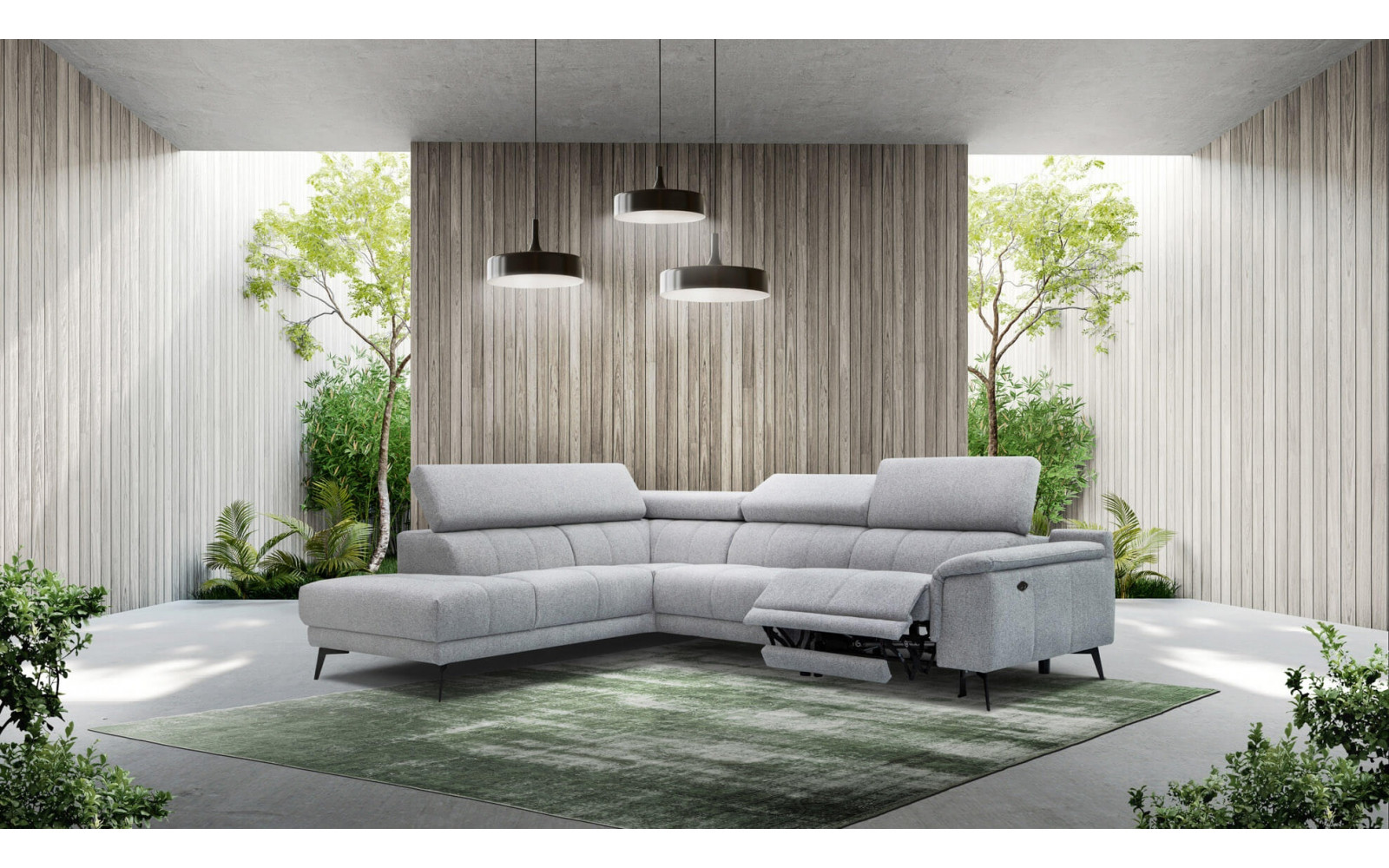 Ecksofa links mit Relaxfunktion FIERO, 5-Sitzer, in elegantem Silbergrau (Arano 09), perfekt für ein modernes Ambiente.