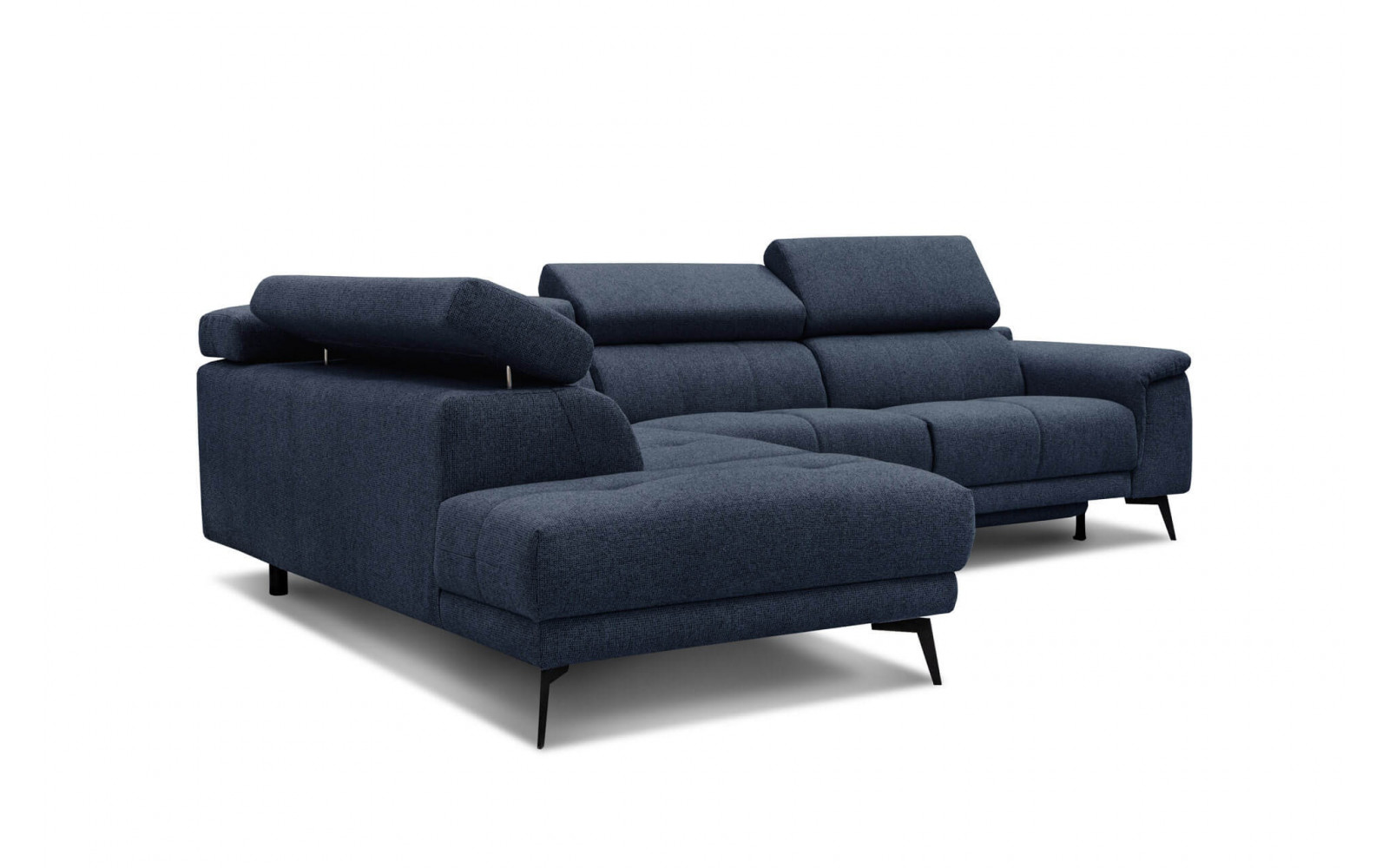 Komfortables Ecksofa links mit Relaxfunktion FIERO, 5-Sitzer, in tiefem Marineblau (Arano 12), für eine entspannende Atmosphäre.
