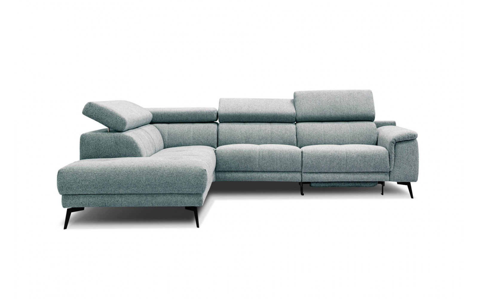 Stilvolles Ecksofa links mit Relaxfunktion FIERO, 5-Sitzer, in frischem Mintgrün (Arano 14), für einen Hauch von Frische.