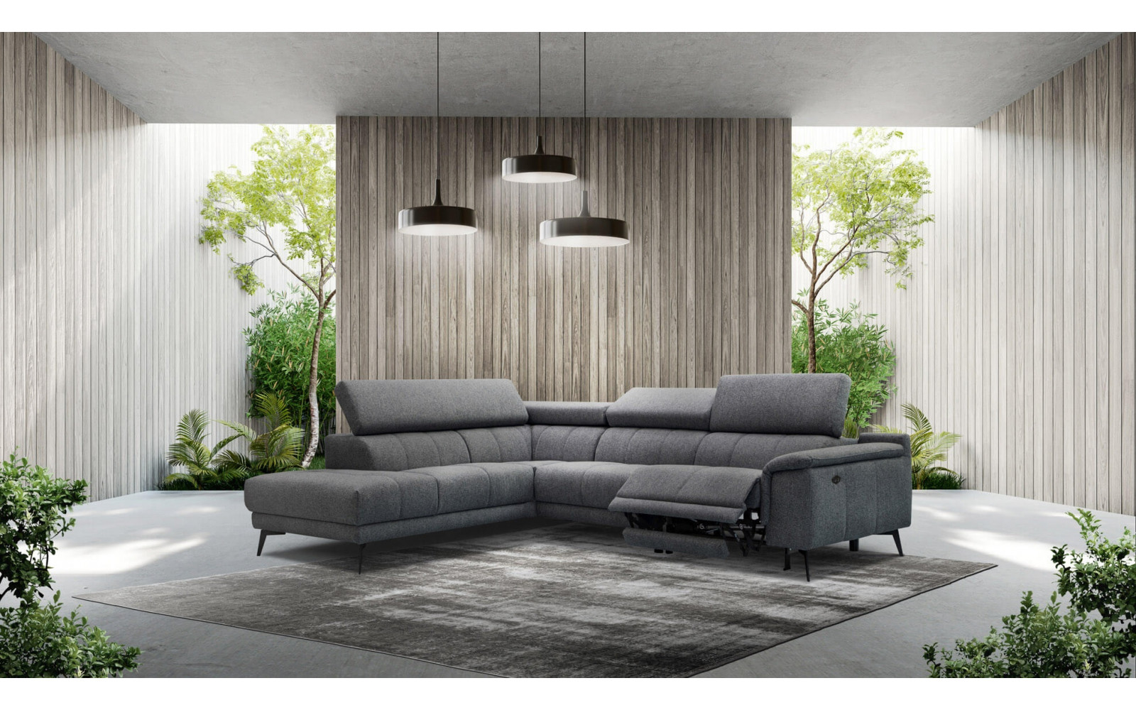 Geräumiges Ecksofa links mit Relaxfunktion FIERO, 5-Sitzer, in Dunkelgrau (Arano 17), für eine elegante Raumgestaltung.