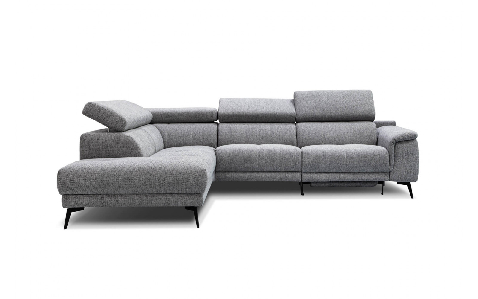 Ecksofa links mit Relaxfunktion FIERO, 5-Sitzer, in klassischem Grau (Arano 19), vielseitig und zeitlos.