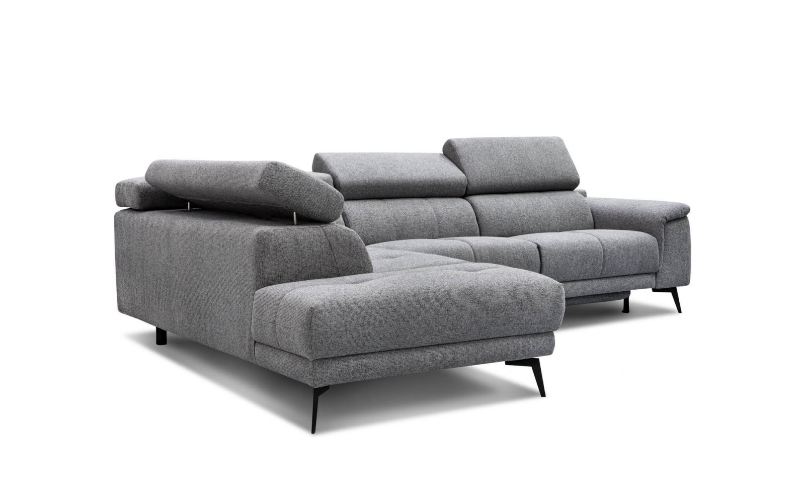 Ecksofa links mit Relaxfunktion FIERO, 5-Sitzer, in klassischem Grau (Arano 19), vielseitig und zeitlos.