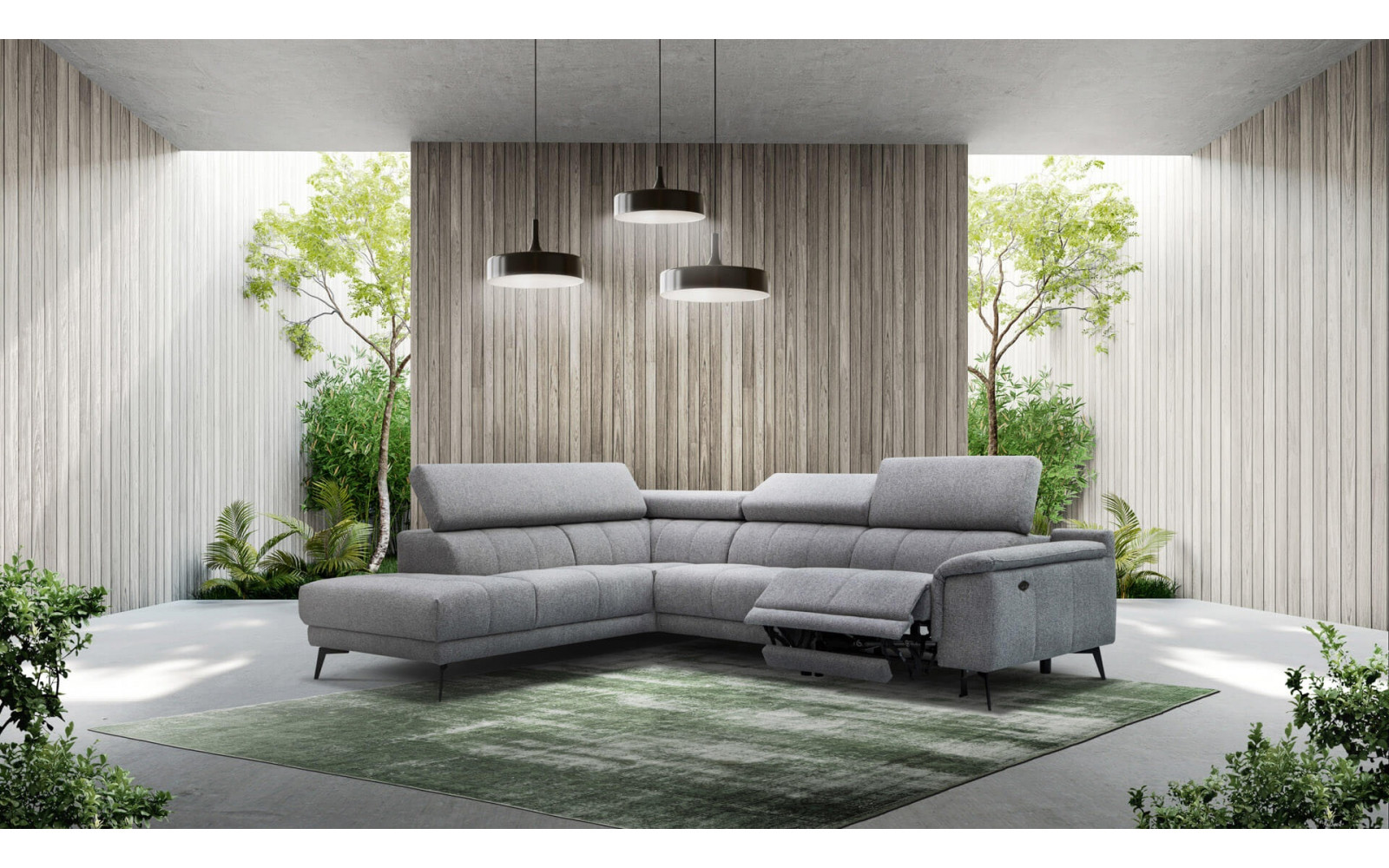 Ecksofa links mit Relaxfunktion FIERO, 5-Sitzer, in klassischem Grau (Arano 19), vielseitig und zeitlos.