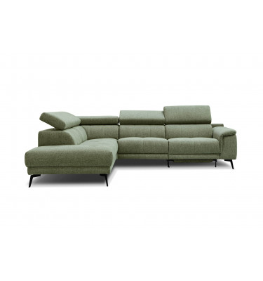Ecksofa links mit Relaxfunktion FIERO, 5-Sitzer, in Olivgrün (Arano 24), für ein naturnahes Ambiente.