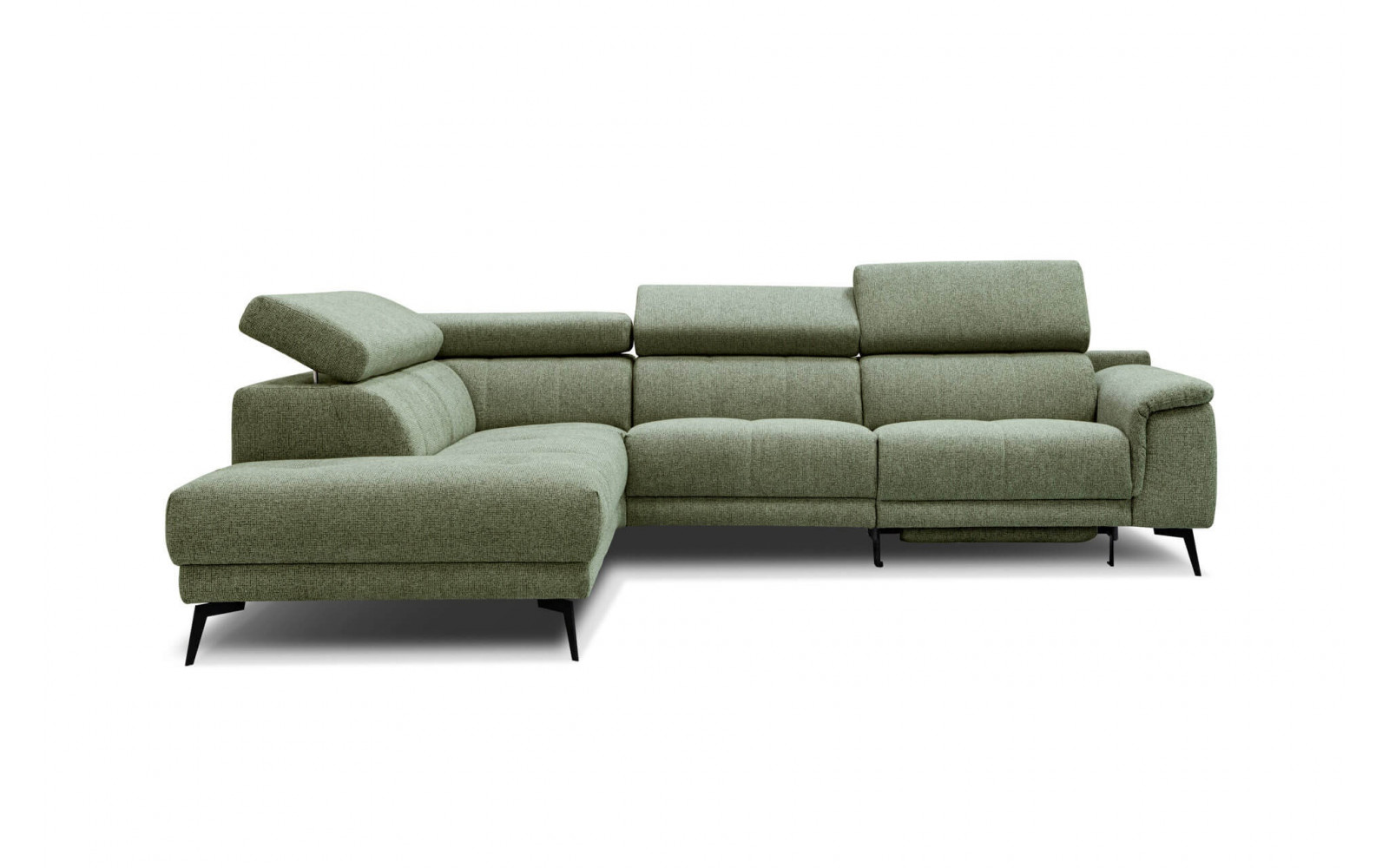 Ecksofa links mit Relaxfunktion FIERO, 5-Sitzer, in Olivgrün (Arano 24), für ein naturnahes Ambiente.