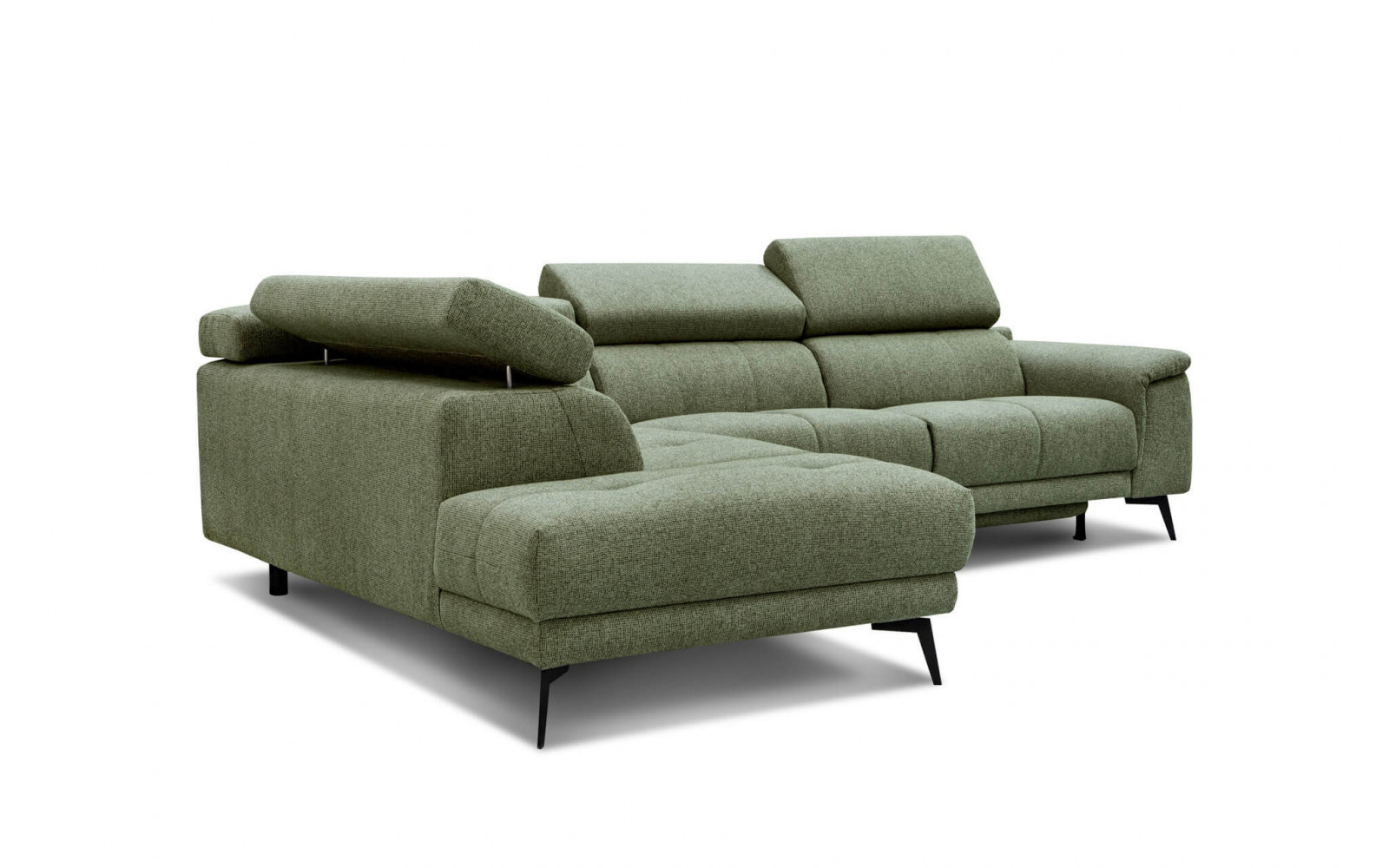 Ecksofa links mit Relaxfunktion FIERO, 5-Sitzer, in Olivgrün (Arano 24), für ein naturnahes Ambiente.