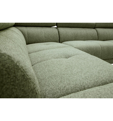Ecksofa links mit Relaxfunktion FIERO, 5-Sitzer, in Olivgrün (Arano 24), für ein naturnahes Ambiente.