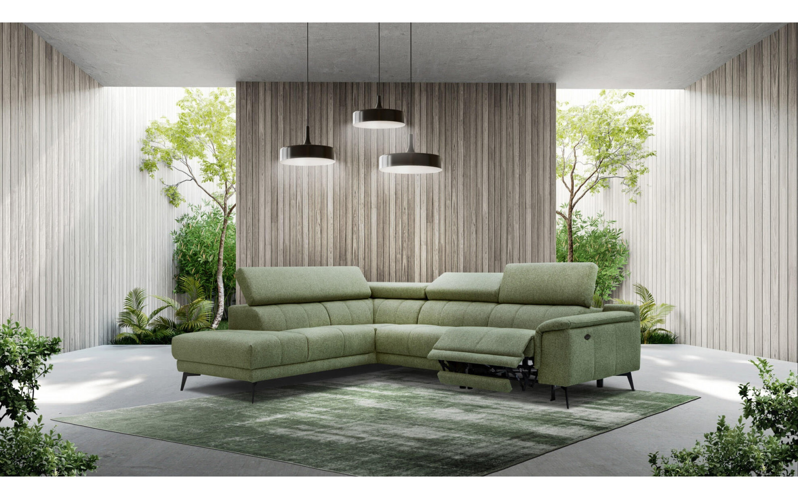 Ecksofa links mit Relaxfunktion FIERO, 5-Sitzer, in Olivgrün (Arano 24), für ein naturnahes Ambiente.