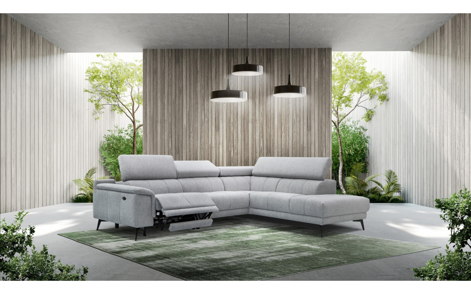 Ecksofa rechts mit Relaxfunktion 5-Sitzer FIERO FARBE : Silbergrau (Arano 09)