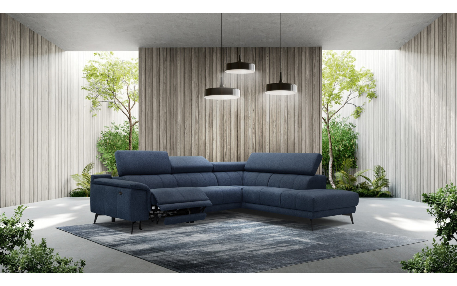 Ecksofa rechts mit Relaxfunktion 5-Sitzer FIERO FARBE : Marineblau (Arano 12)