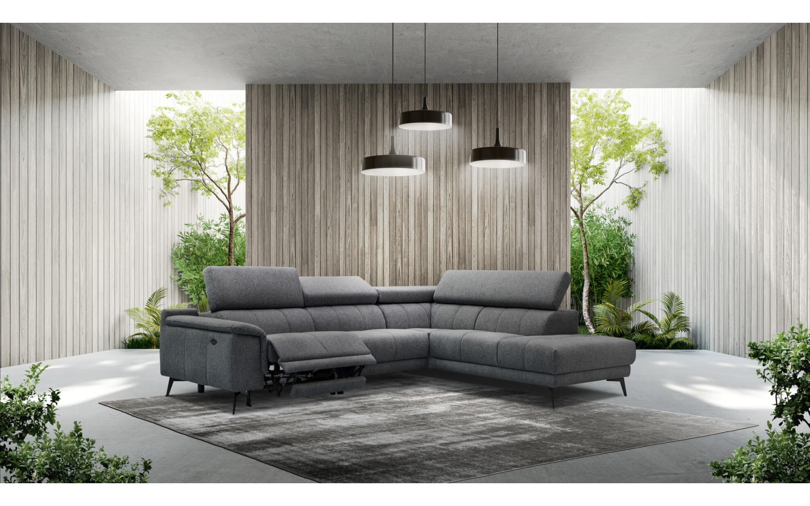 Ecksofa rechts mit Relaxfunktion 5-Sitzer FIERO FARBE : Dunkelgrau (Arano 17)