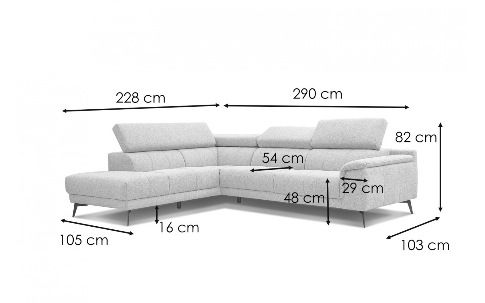 Ecksofa links mit Relaxfunktion FIERO, 5-Sitzer, in klassischem Grau (Arano 19), vielseitig und zeitlos.