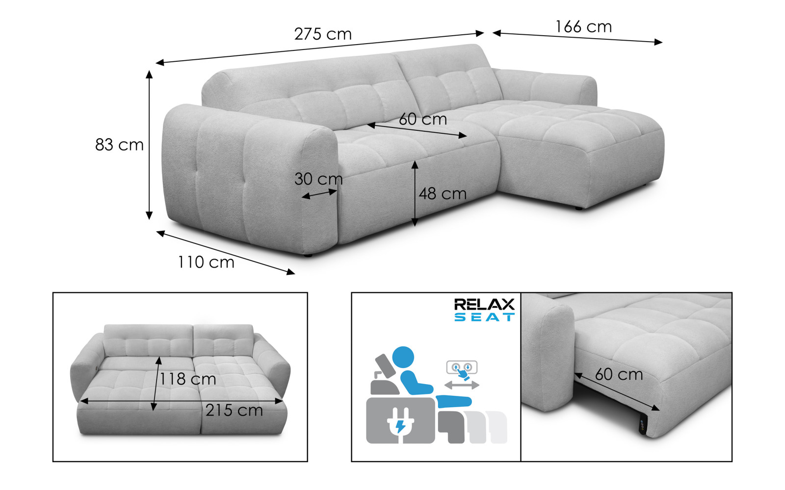 Ecksofa 4-Sitzer rechts LUMERO, hellgrau