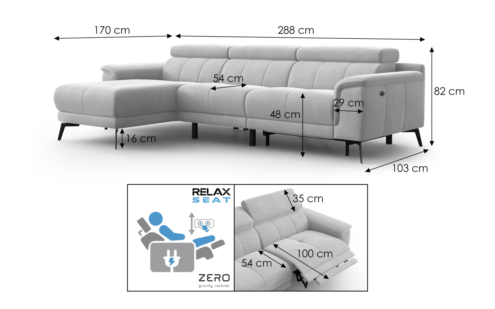 Ecksofa Relax 4-Sitzer links FIERO, Minter Veloursstoff