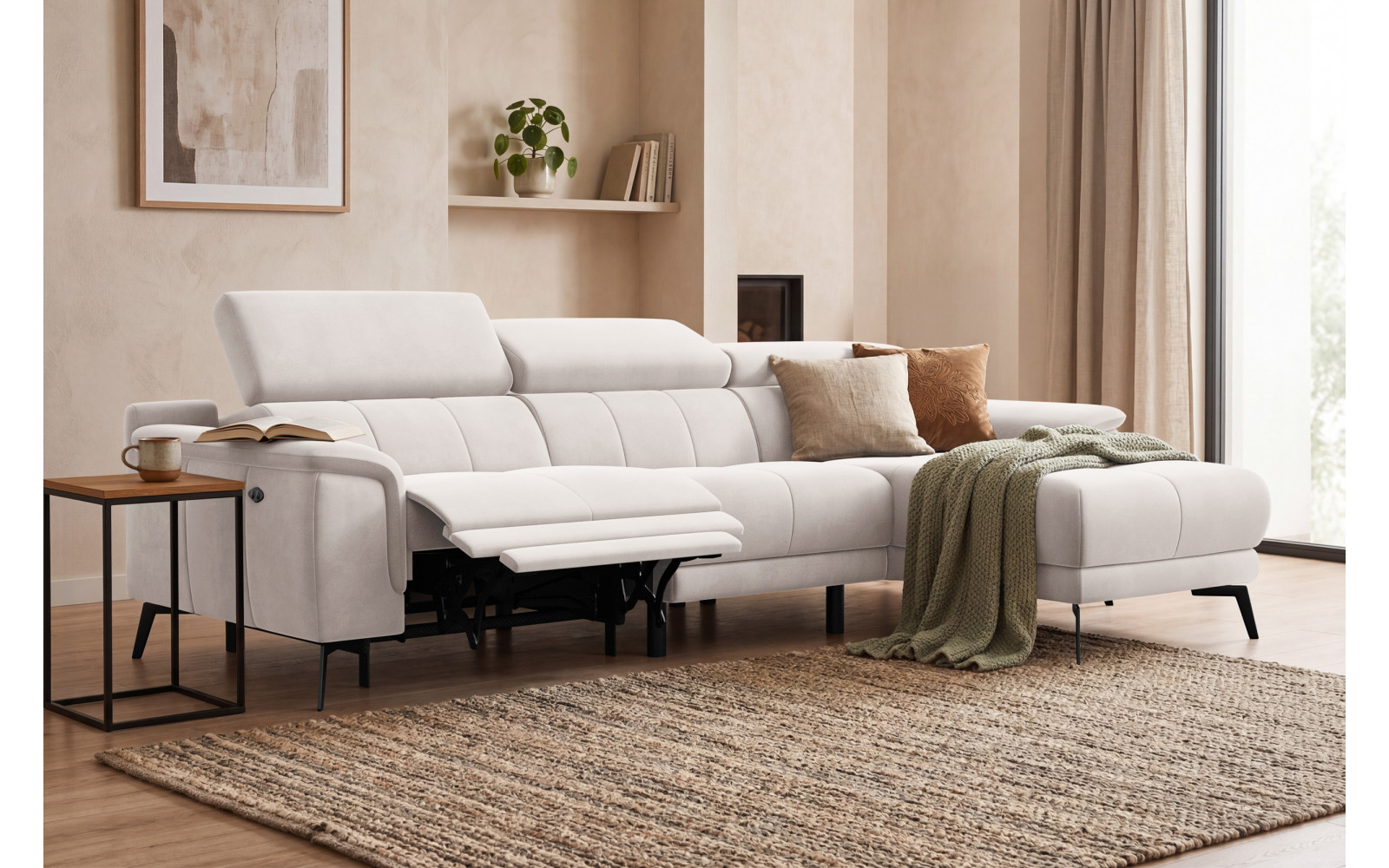 Ecksofa Relax 4-Sitzer rechts FIERO, Beiger Veloursstoff