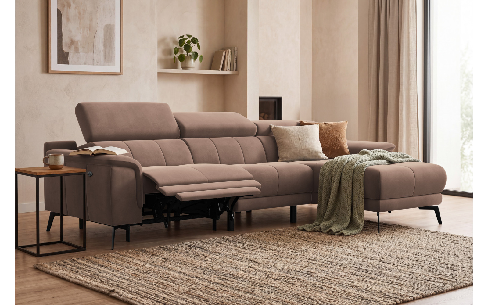 Ecksofa Relax 4-Sitzer rechts FIERO, Brauner Veloursstoff