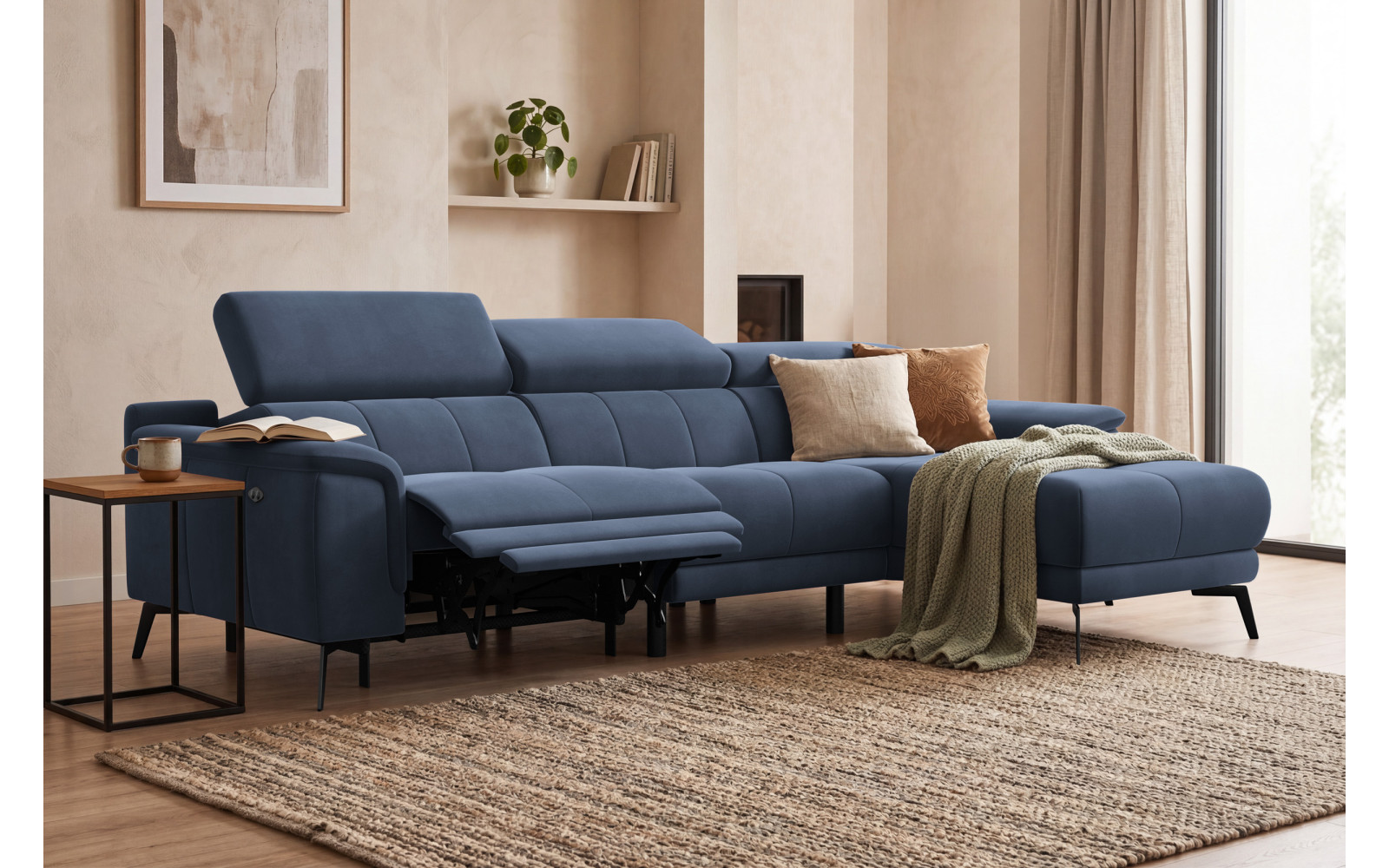 Ecksofa Relax 4-Sitzer rechts FIERO, Marineblauer Veloursstoff