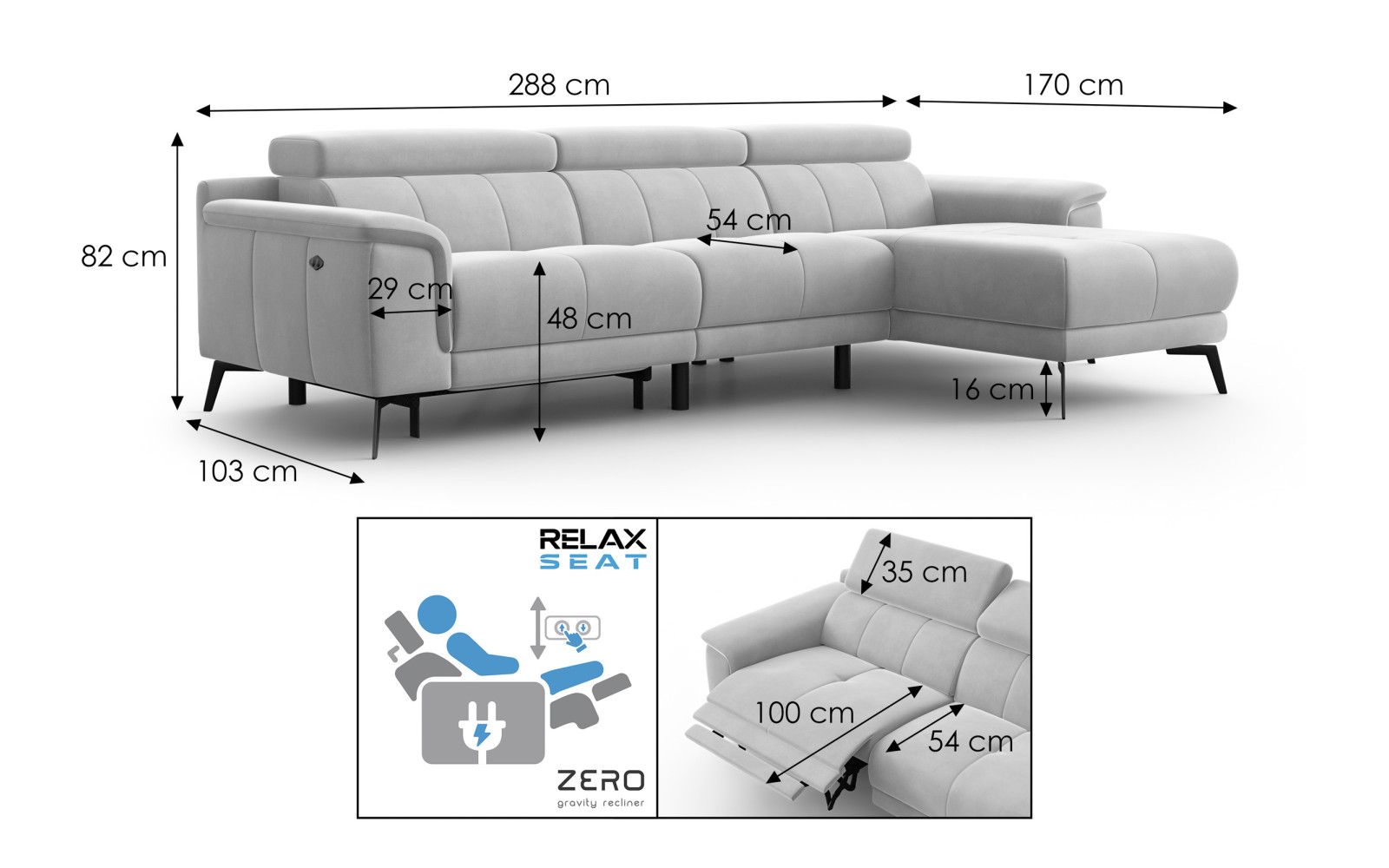Ecksofa Relax 4-Sitzer rechts FIERO, Gelber Veloursstoff