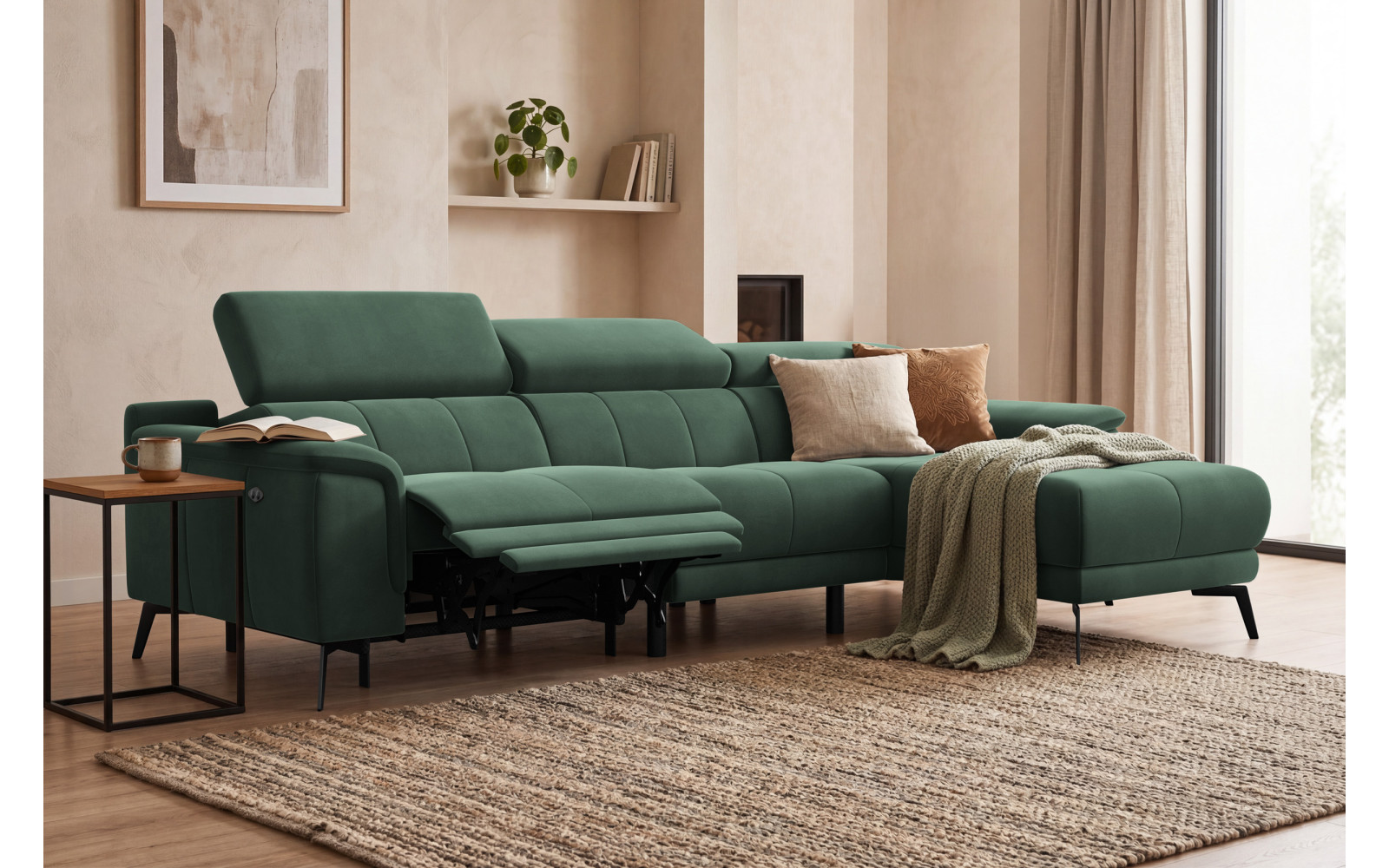 Ecksofa Relax 4-Sitzer rechts FIERO, Grüner Veloursstoff