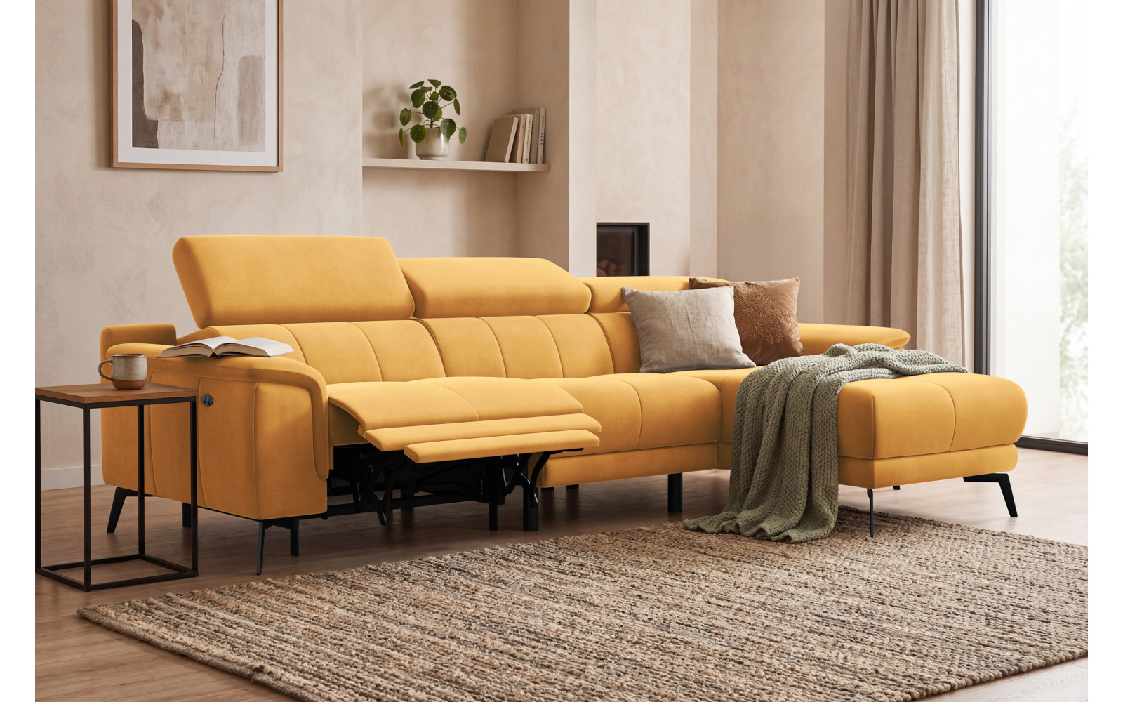Ecksofa Relax 4-Sitzer rechts FIERO, Gelber Veloursstoff