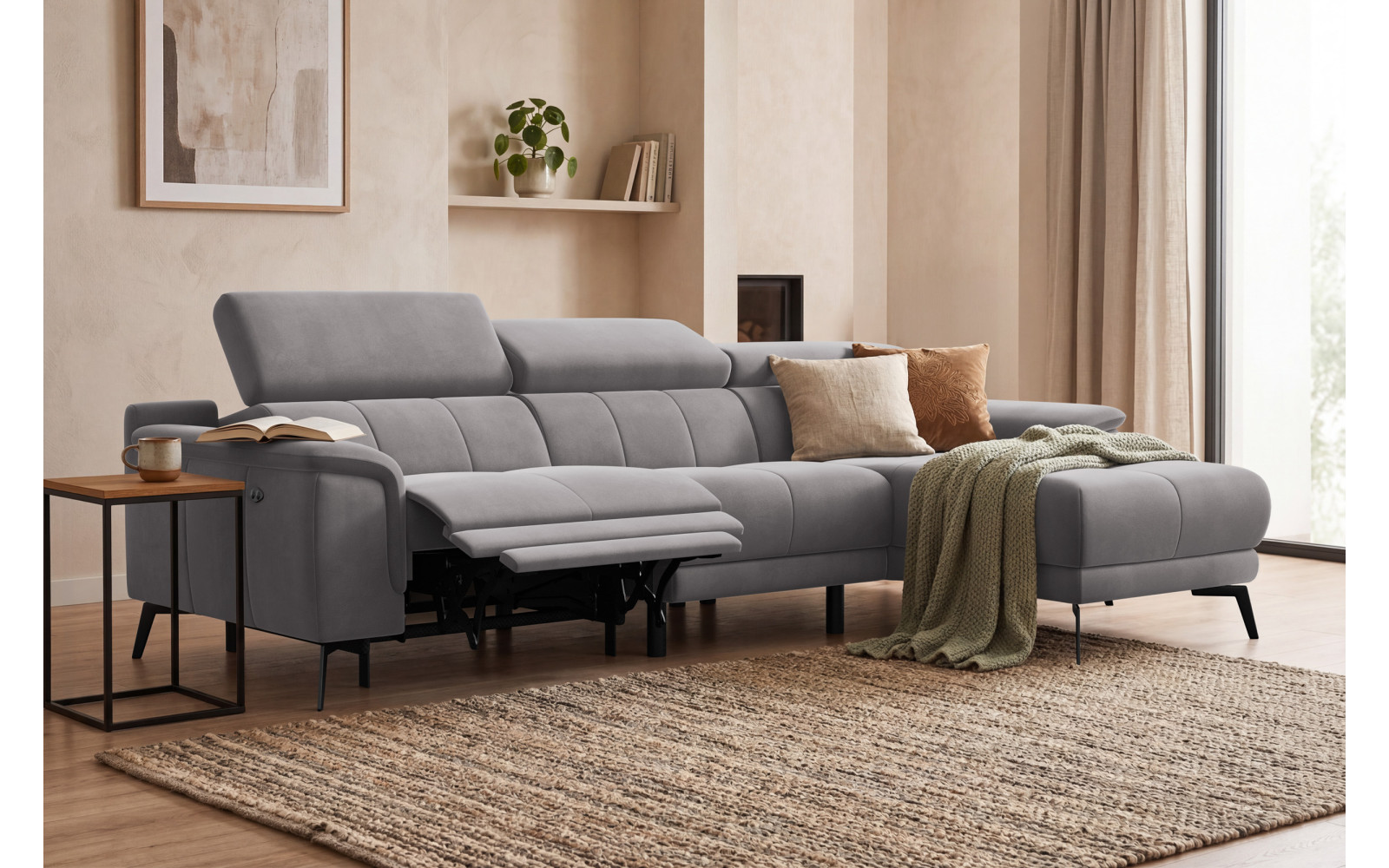 Ecksofa Relax 4-Sitzer rechts FIERO, Dunkelgrauer Veloursstoff