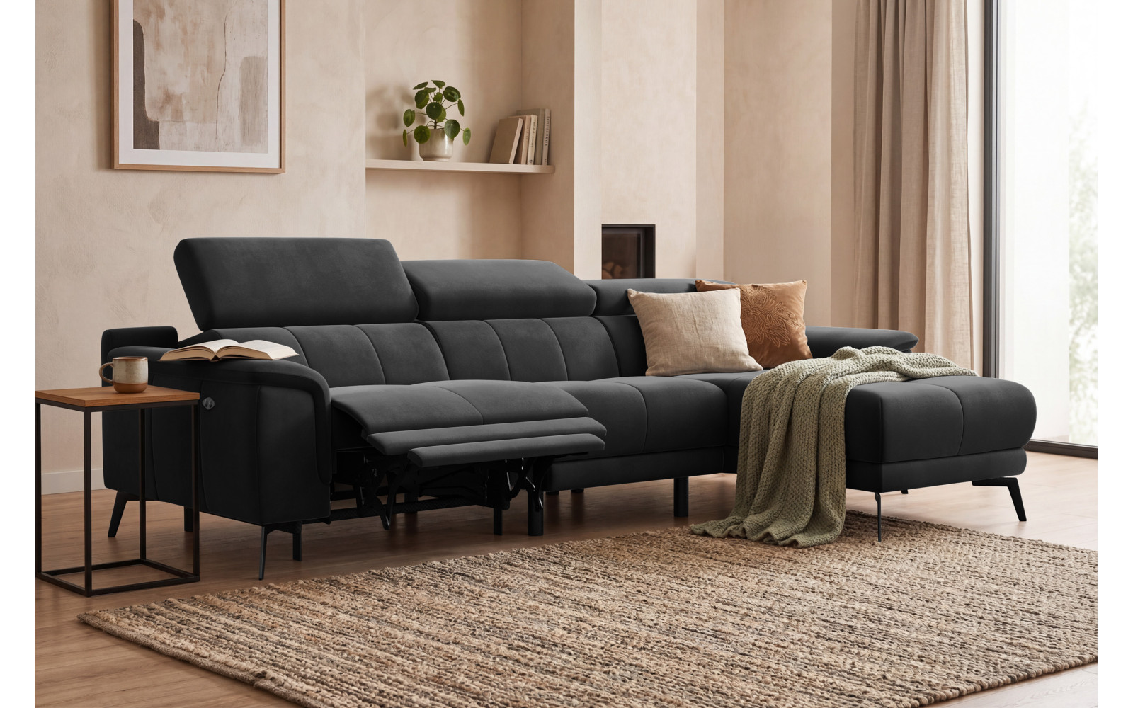 Ecksofa Relax 4-Sitzer rechts FIERO, Schwarzer Veloursstoff