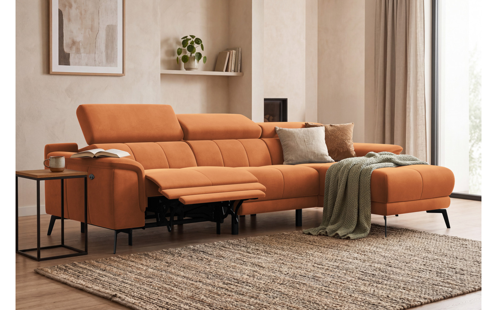 Ecksofa Relax 4-Sitzer rechts FIERO, Oranger Veloursstoff