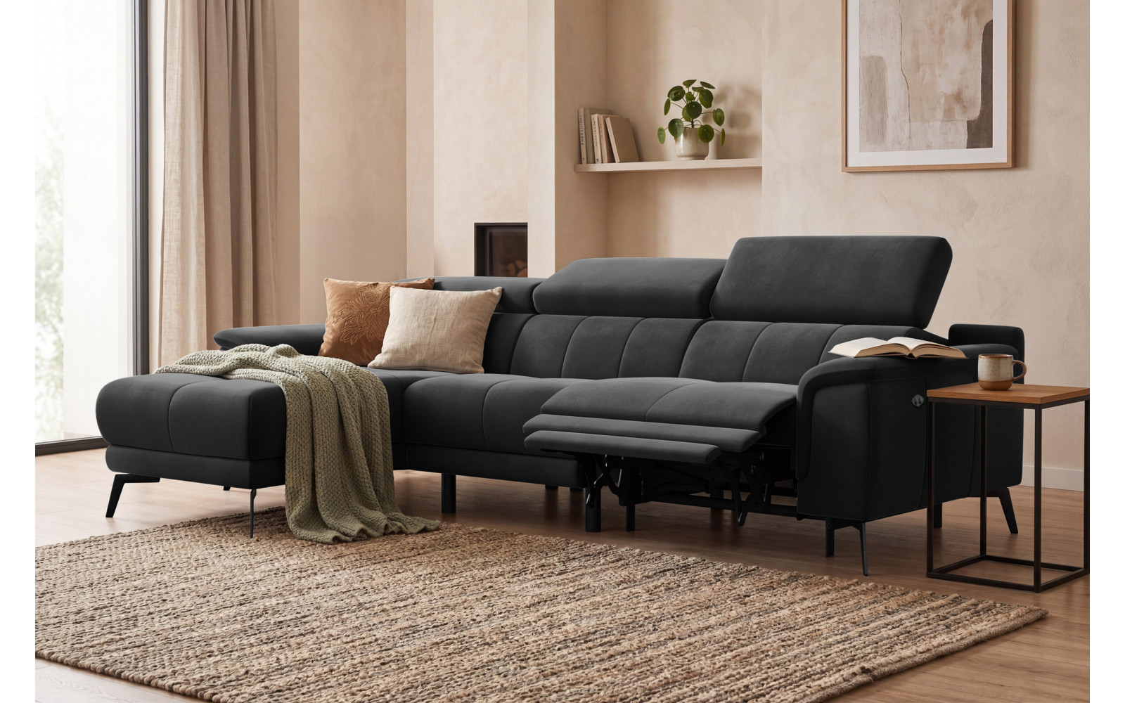 Ecksofa Relax 4-Sitzer links FIERO, Schwarzer Veloursstoff