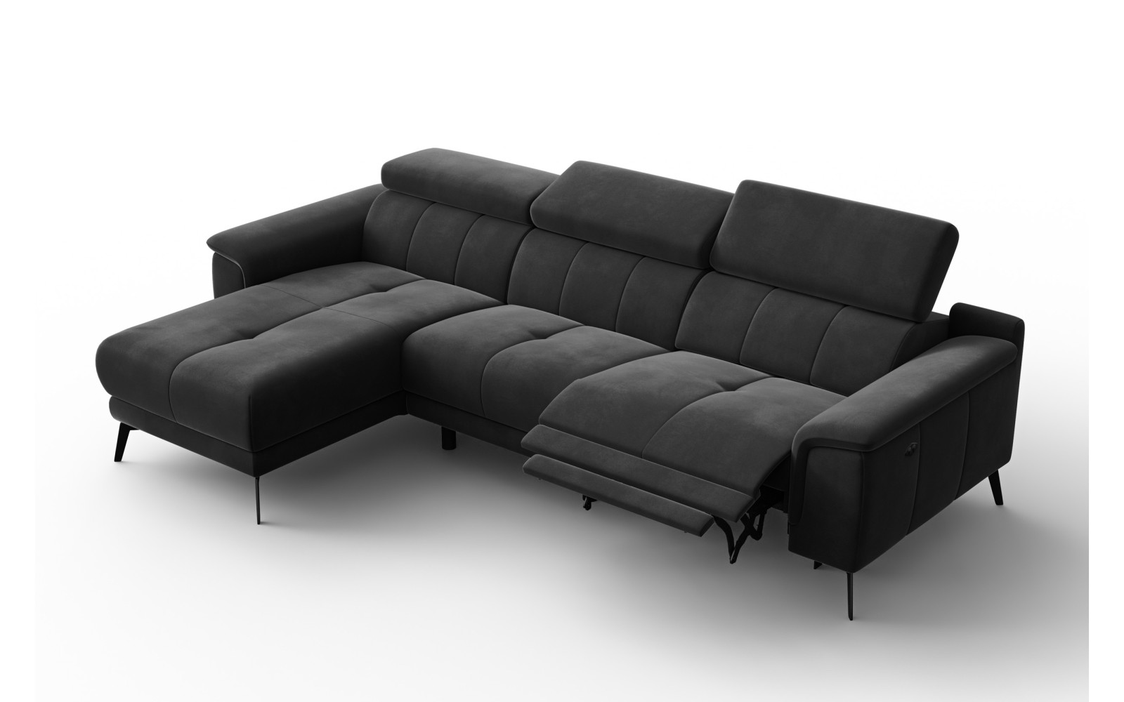 Ecksofa Relax 4-Sitzer links FIERO, Schwarzer Veloursstoff